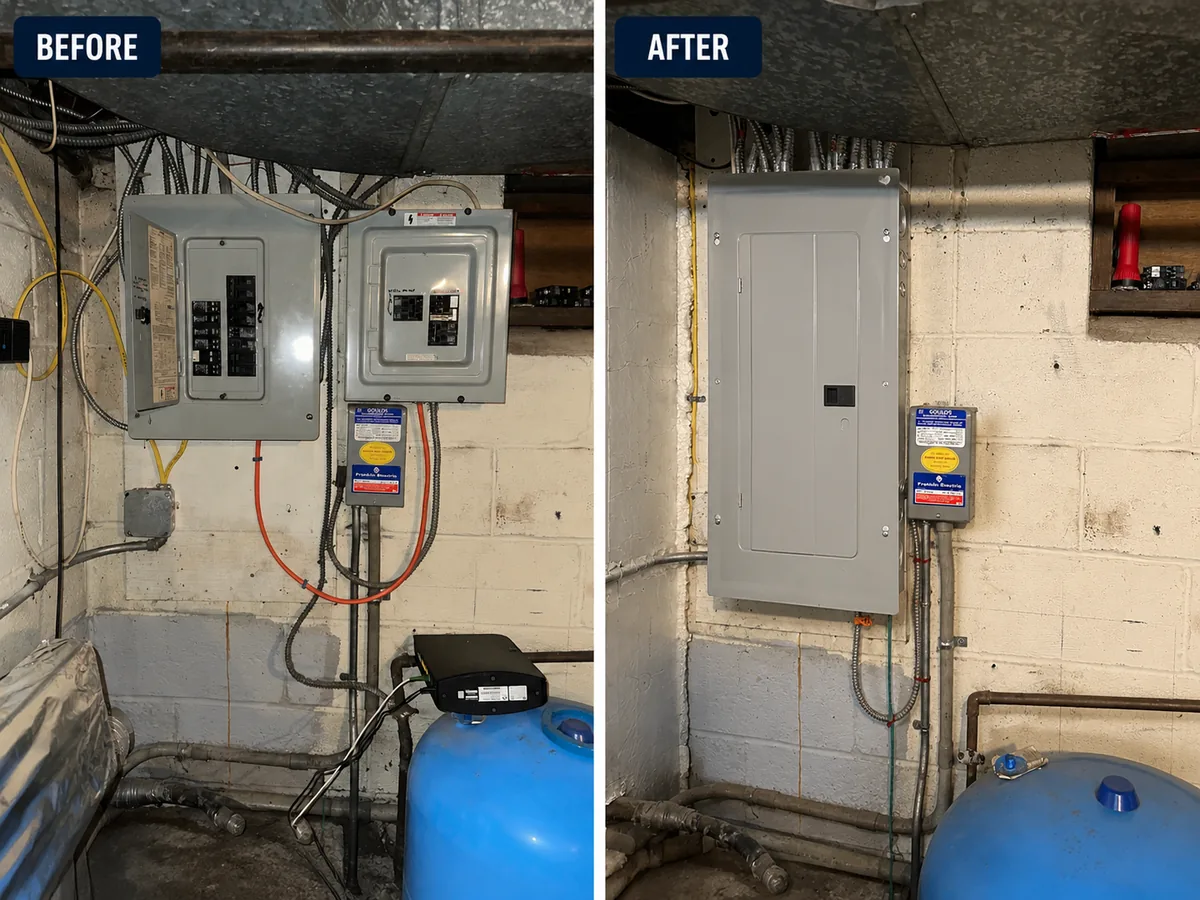 Before and after: two old electrical panels in a basement replaced by one new panel